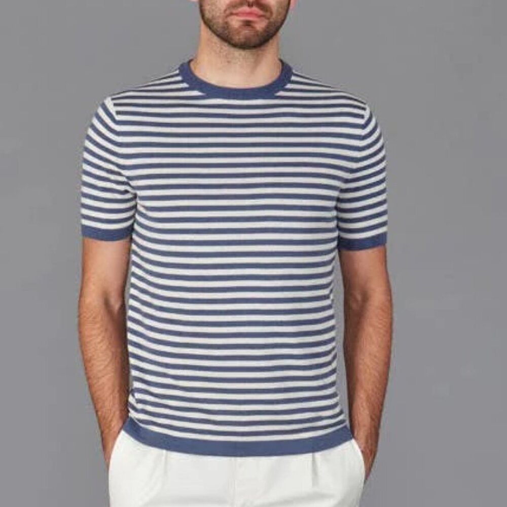 Paul James Pastel Blue Knit Cotton Breton Stripe T-Shirt